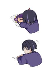  1boy ^^^ alternate_costume black_hair blunt_ends casual ce5_ez commentary_request contemporary drawing_(action) drawing_(object) facing_away genshin_impact highres long_sleeves looking_at_viewer looking_back male_focus purple_hair purple_shirt purple_sleeves raiden_shogun scaramouche_(genshin_impact) shirt solo white_background 