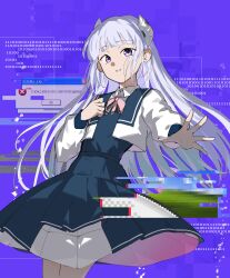  1girl absurdres binary bliss_(image) blue_background blue_dress blue_sailor_collar cowboy_shot cropped_jacket dress glitch hand_on_own_chest headgear highres indie_virtual_youtuber jacket long_hair microsoft_windows open_clothes open_jacket sailor_collar sena_(seti74) solo somunia violet_eyes virtual_youtuber white_hair white_jacket windows_xp 