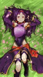  1girl absurdres ahoge armpit_peek bare_shoulders belt boots breasts closed_mouth collared_leotard commentary_request detached_sleeves falling_petals foot_out_of_frame grass groin hair_ribbon hairband hands_up high_collar highleg highleg_leotard highres leotard light_smile long_hair long_skirt long_sleeves looking_at_viewer lying messy_hair nemu_(46_2367teimei) on_back on_ground petals pink_petals purple_boots purple_hair purple_skirt purple_sleeves red_belt red_eyes red_hairband red_ribbon red_trim ribbon sidelocks skirt small_breasts solo split_mouth straight-on sword_art_online thigh_boots yellow_trim yuuki_(sao) 