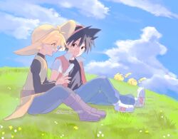  1boy 1girl :d backwards_hat black_hair black_shirt blonde_hair blue_pants boots brown_hat chuchu_(pokemon) clouds cloudy_sky commentary_request full_body grass hair_between_eyes harutaharuto030 hat highres hill looking_at_another open_mouth outdoors pants pika_(pokemon) pikachu pokemon pokemon_(creature) pokemon_adventures red_(pokemon) red_hat shirt shoes short_hair short_sleeves sitting sky smile sun_hat tunic twitter_username watermark yellow_(pokemon) yellow_eyes yellow_tunic 