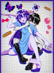  +_+ 1boy 1girl antenna_hair artist_name aubrey_(headspace)_(omori) aubrey_(omori) barefoot black_eyes black_hair black_shorts black_socks blue_shirt blush bow colored_skin commentary_request double-parted_bangs hair_between_eyes hair_bow highres kneehighs korean_commentary long_hair long_shirt mailbox_(incoming_mail) omori omori_(omori) omori_hammer open_mouth pink_bow purple_hair shirt short_hair short_sleeves shorts sidelocks sitting smile socks striped_clothes striped_shorts t-shirt teeth tongue twitter_username two-tone_shorts upper_teeth_only vertical-striped_clothes vertical-striped_shorts violet_eyes white_shorts white_skin 