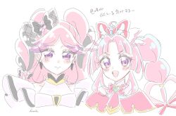 2girls :d black_hair blush_stickers braid braided_twintails brooch capelet closed_mouth commentary cure_kiss cure_mystique hair_ornament hair_wings heart heart_brooch jewelry kaoriko_almond kimi_to_idol_precure kobayashi_mikuru long_hair looking_at_viewer magical_girl meitantei_precure! meroron_(precure) multiple_girls open_mouth pink_capelet pink_hair precure smile translation_request untranslatable_commentary upper_body very_long_hair violet_eyes wing_hair_ornament 