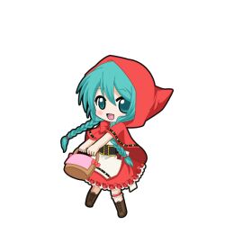  1girl :d apron aqua_eyes aqua_hair basket black_corset black_outline blush boots brown_boots chibi chibi_only corset cosplay frilled_skirt frilled_thigh_strap frills full_body game_asset hair_between_eyes hair_tie hatsune_miku hatsune_miku_graphy_collection holding holding_basket hood hood_up lace-up_boots little_red_riding_hood_(fairy_tale_character) little_red_riding_hood_(fairy_tale_character)_(cosplay) long_hair looking_at_viewer open_mouth outline petticoat red_hood red_skirt skirt smile solo standing thigh_strap transparent_background underbust vocaloid white_apron 