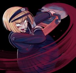  1girl absurdres attack_trail black_skirt blonde_hair blood blood_on_face blue_eyes circular_saw commentary crying crying_with_eyes_open english_commentary headgear highres holding_saw last_defense_academy_school_uniform novemblem oosuzuki_kurara saliva saw school_uniform short_hair skirt slashing solo tears the_hundred_line_-last_defense_academy- wide-eyed 