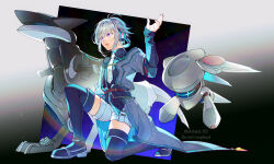  1boy ahdqkd_112 antenna_hair arm_up black_shoes black_thighhighs bob_cut coat commentary_request double-parted_bangs drone eiyuu_densetsu fio_(eiyuu_densetsu) gradient_background grey_background grey_coat hair_between_eyes headphones kai_no_kiseki kuro_no_kiseki_(series) long_sleeves male_focus necktie non-humanoid_robot on_one_knee open_hand quatre_salision robot robot_animal robot_dog shoes shorts thigh-highs tie_clip trench_coat twitter_username violet_eyes watermark white_hair white_necktie white_shorts xeros_(eiyuu_densetsu) 