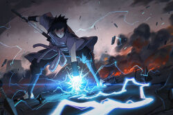  1boy battoujutsu_stance black_hair chidori_(naruto) commentary_request debris drawing_sword electricity electrokinesis fighting_stance glowing highres holding holding_sword holding_weapon katana kunai lightning magic male_focus naruto_(series) ninja planted ready_to_draw red_eyes rope_belt sandals sheath smoke solo sword uchiha_sasuke unsheathing weapon ziran_majiang 