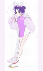  1girl 35kawaiiprpr absurdres china_dress chinese_clothes double_bun down_jacket dress full_body grid_background hair_bun highres jacket open-toe_shoes pelvic_curtain pillarboxed precure purple_dress purple_hair purple_jacket skirt solo suzumura_sango tropical-rouge!_precure white_background white_skirt yellow_eyes 