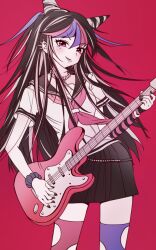  1girl asymmetrical_legwear black_hair black_nails blue_hair blue_sailor_collar blue_streaks blush collared_shirt commentary_request cowboy_shot danganronpa_(series) danganronpa_2:_goodbye_despair duwan1044834 ear_piercing elbow_gloves eyelashes face_piercing fingerless_gloves fingernails gloves guitar hair_horns highres holding holding_guitar holding_instrument instrument long_hair mioda_ibuki mismatched_legwear mismatched_thighhighs mouth_piercing multicolored_gloves multicolored_hair nail_polish neckerchief piercing pink_background pink_eyes pink_hair pink_neckerchief pink_streaks sailor_collar scrunchie shirt short_sleeves simple_background single_elbow_glove single_fingerless_glove smile solo streaked_hair striped_clothes striped_gloves thigh-highs tongue tongue_out torn_clothes torn_thighhighs two-tone_gloves white_hair white_shirt wrist_scrunchie 