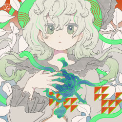  1girl collared_shirt commentary_request flower frilled_shirt_collar frills gradient_background green_eyes green_flower green_hair green_hat green_rose hair_between_eyes hat highres kakueki-teisha komeiji_koishi long_hair long_sleeves looking_at_viewer parted_lips plant rose shirt solo thorns touhou upper_body vines 