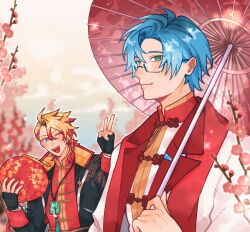  2boys :d ;d ahoge alternate_costume axel_syrios bespectacled black_gloves black_jacket blonde_hair blue_eyes blue_hair braid branch chinese_clothes coat collared_jacket fangs fingerless_gloves flower glasses gloves green_eyes highres hiimtae_sb holding holding_lantern holding_umbrella holostars holostars_english jacket jade_(gemstone) jewelry lantern male_focus multicolored_hair multiple_boys necklace oil-paper_umbrella one_eye_closed open_mouth outdoors paper_lantern plum_blossoms red_flower red_hair red_scarf red_streaks regis_altare scarf side_braid single_braid sleeve_cuffs smile streaked_hair tangzhuang umbrella v virtual_youtuber white_coat 