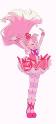  1girl 35kawaiiprpr :d absurdres arms_up boots bow bowtie brooch closed_eyes commentary_request crown cure_wonderful dress floating_hair full_body heart heart_brooch highres inukai_komugi jewelry long_hair magical_girl mini_crown pantyhose petticoat pink_dress pink_hair pleated_dress precure puffy_short_sleeves puffy_sleeves short_sleeves simple_background smile solo striped_clothes striped_pantyhose two_side_up very_long_hair white_background wonderful_precure! wrist_cuffs 