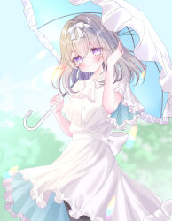  1girl absurdres blush closed_mouth commentary_request dress grey_hair hair_between_eyes hair_intakes hair_ribbon highres holding holding_umbrella looking_at_viewer medium_hair meitantei_precure! moria_luluka parasol precure ribbon rin_rin_riiin05 smile solo umbrella violet_eyes white_dress white_ribbon 