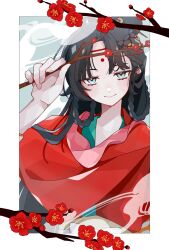  1girl black_hair blue_background blue_eyes border branch chinese_clothes closed_mouth facial_mark flower forehead_mark hair_bun hand_up hanfu highres holding holding_branch long_hair looking_at_viewer mole mole_above_eye o_mgr6 paper_heron plum_blossoms red_flower red_hanfu reverse:1999 smile smoke solo upper_body white_border 