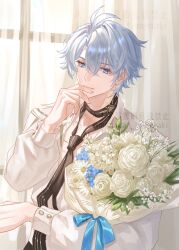  1boy antenna_hair black_necktie blue_bow blue_eyes blue_flower bouquet bow buttons closed_mouth collarbone collared_shirt crossed_bangs curtains day flower grey_hair hair_between_eyes hand_on_own_chin hands_up highres holding holding_bouquet honkai:_star_rail honkai_(series) indoors leaf long_sleeves looking_at_viewer male_focus neck_tattoo necktie phainon_(honkai:_star_rail) puffy_long_sleeves puffy_sleeves rose shirt short_hair smile solo sun_symbol sun_tattoo tanemaki_monaka tattoo upper_body watermark white_flower white_rose white_shirt window yellow_pupils 