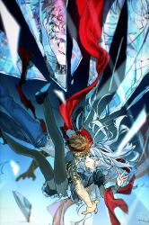 1boy angra_mainyu_(fate) broken_glass caren_hortensia corruption dark_persona different_reflection emiya_shirou eye_contact face-to-face fate/hollow_ataraxia fate/stay_night fate_(series) full-body_tattoo full_body glass glass_shards highres long_hair looking_at_another non-web_source orange_hair possessed red_scarf reflection ruins scarf shawl shroud_of_magdalene sksk_sn09 smile tattoo wavy_hair white_hair yellow_eyes 