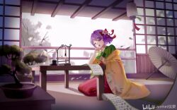  1girl :d absurdres bilibili_watermark bing_guo bonsai bow calligraphy_brush chinese_commentary commentary_request elbow_rest frilled_kimono frills green_kimono hair_bow hair_ornament hakama hakama_skirt hand_up hands_up hieda_no_akyuu highres holding holding_calligraphy_brush holding_paintbrush indoors japanese_clothes kimono lantern looking_at_viewer off_shoulder oil-paper_umbrella open_mouth paintbrush purple_hair red_bow red_skirt scroll seiza short_hair sitting skirt smile solo table tassel tassel_hair_ornament teeth touhou tree umbrella upper_teeth_only violet_eyes watermark wide_shot 