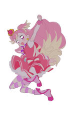  1girl 35kawaiiprpr absurdres ankle_boots blonde_hair boots commentary_request crown cure_wonderful dress highres inukai_komugi long_hair mini_crown pantyhose petticoat pink_dress pink_eyes pink_hair precure simple_background solo striped_clothes striped_pantyhose two_side_up white_background wonderful_precure! wrist_cuffs 