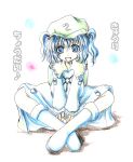 blue_eyes blue_hair hat kawashiro_nitori key kurona looking_at_viewer open_mouth simple_background sitting smile solo touhou translation_request white_background 