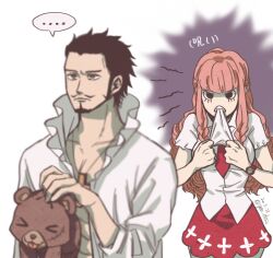  >_< 1boy 1girl angry closed_mouth commentary_request dated dracule_mihawk facial_hair frilled_shirt frills holding long_hair lower_eyelashes_only masukawagen mustache necktie one_piece perona pink_hair puffy_short_sleeves puffy_sleeves red_necktie red_skirt shirt short_hair short_sleeves sideburns sidelocks skirt stitched_face stitches upper_body watch watch white_shirt yellow_eyes 