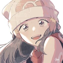  1girl :d beanie black_shirt commentary_request grey_eyes hair_ornament hairclip happy hat highres hikari_(pokemon) light_blush long_hair looking_at_viewer omyo_(myomyomyo22) open_mouth pokemon pokemon_diamond/pearl/platinum red_scarf scarf shirt sidelocks signature simple_background sleeveless sleeveless_shirt smile solo teeth upper_body upper_teeth_only watermark white_background 