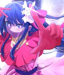  1girl :d arms_up bow dress gloves hair_bow hair_ornament hair_over_shoulder highres hoshino_ai idol l_hand long_hair looking_at_viewer one_side_up oshi_no_ko pink_dress pink_gloves pink_hair purple_hair rabbit_hair_ornament rayamamami shade smile solo star_(symbol) star_hair_ornament upper_body v violet_eyes 