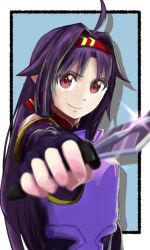  1girl ahoge armor bare_shoulders blue_background blurry blurry_foreground border breastplate breasts closed_mouth collared_leotard commentary_request detached_sleeves drop_shadow fingerless_gloves glint gloves hair_intakes hair_ribbon hairband hand_up high_collar highres holding holding_sword holding_weapon leotard long_hair long_sleeves looking_at_viewer messy_hair nemu_(46_2367teimei) obsidian_slasher outside_border pointy_ears purple_armor purple_gloves purple_hair purple_leotard purple_sleeves red_eyes red_hairband red_ribbon ribbon sidelocks simple_background small_breasts smile solo sword sword_art_online upper_body weapon white_border yuuki_(sao) 