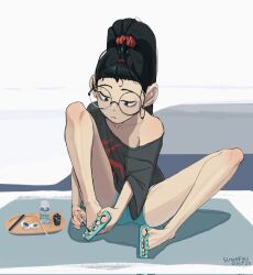  1girl aqua_shorts asymmetrical_shirt bangs_pinned_back barefoot black_eyes black_hair black_nails black_shirt collarbone feet furrowed_brow hair_behind_ear hair_ornament hair_scrunchie half-closed_eyes high_ponytail highres large_ears long_hair lying nail_polish off_shoulder on_back on_floor original oshii_(suwafro) parted_hair ponytail red_scrunchie round_eyewear scrunchie shirt shorts soles solo spread_legs suwafro toenail_polish toenails toes very_long_hair 