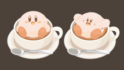  artist_name black_background blush character-themed_food coffee coffee_mug commentary cup food_focus kirby kirby_(series) mug no_humans open_mouth rizu_(rizunm) saucer simple_background spoon whiskers 