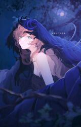  1girl absurdres bare_shoulders black_dress black_veil blue_eyes blue_sky blue_veil blurry blurry_background blurry_foreground character_name closed_mouth commentary dress from_side highres long_hair looking_at_viewer moon nautika_(reverse:1999) night odecono3 pink_hair reverse:1999 sky smile solo strapless strapless_dress tree two-tone_veil untranslatable_commentary upper_body veil 