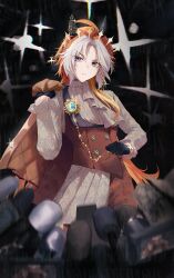  1girl absurdres ahoge animal_ears black_gloves blue_eyes blue_gem breasts brown_jacket brown_vest camera_flash closed_mouth commentary_request ear_covers gem gloves grey_shirt highres holding holding_unworn_clothes holding_unworn_jacket horse_ears horse_girl jacket long_hair long_sleeves microphone multicolored_hair orfevre_(casual)_(umamusume) orfevre_(umamusume) pants shirt umamusume unworn_jacket vest white_hair yukii91218 