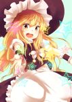  blonde_hair blush bow dress hair_bow hat kirisame_marisa long_hair mokoke open_mouth outstretched_arms smile solo spread_arms star touhou witch witch_hat wrist_cuffs yellow_eyes 