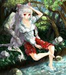  barefoot bow breasts cleavage collarbone dress_shirt feet_in_water fujiwara_no_mokou hair_bow long_hair navel open_mouth ori pants red_eyes river shirt sitting sleeves_rolled_up soaking_feet solo touhou very_long_hair water white_hair 