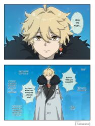 1boy absurdres aether_(genshin_impact) ahoge blonde_hair coat commentary earrings fatui_coat fatui_logo fur_coat genshin_impact highres jewelry nerozero single_earring snowing untranslatable_commentary white_coat yellow_eyes 