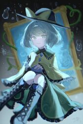  1girl ao_hoshi black_boots black_hat boots bow buttons closed_mouth collared_shirt commentary_request crying crying_with_eyes_open diamond_button disembodied_eye eyeball floral_print frilled_shirt_collar frilled_skirt frilled_sleeves frills green_eyes green_hair green_skirt hat hat_bow highres knee_boots koishi_day komeiji_koishi lace-up_boots long_sleeves looking_at_viewer picture_frame plant print_skirt rose_print shirt skirt solo tears touhou vines wide_sleeves yellow_bow yellow_shirt 