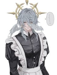  1boy apron black_dress blue_pupils blush buttons closed_mouth collarbone collared_dress commentary_request cropped_torso crossdressing dress earrings embarrassed feathered_wings frills gold_earrings grey_hair hair_between_eyes halo halo_behind_head head_wings honkai:_star_rail honkai_(series) jewelry juliet_sleeves lips long_sleeves looking_down maid_apron male_focus mochigasukin puffy_sleeves short_hair sidelocks simple_background solo speech_bubble sunday_(honkai:_star_rail) upper_body waist_apron white_apron white_background wings yellow_eyes 