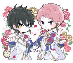  2boys black_hair blue_eyes bright_pupils buttons clock closed_mouth commentary_request earrings ensemble_stars! flower gears gem hand_on_own_chest hands_up headset heterochromia highres itsuki_shu jewelry kagehira_mika lapels long_sleeves looking_at_viewer male_focus mani_(pukakaka09) multiple_boys offering_hand official_alternate_costume open_hand open_mouth petals pink_hair purple_gem rewinds_(ensemble_stars!) roman_numeral rose shawl_lapels short_hair simple_background smile sparkle upper_body valkyrie_(ensemble_stars!) violet_eyes white_background white_pupils yellow_eyes 