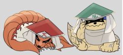  claws closed_eyes closed_mouth commentary_request fox green_hat hat highres kitsune kurama_(naruto) kyuubi looking_at_viewer mikasa372214 multiple_tails naruto_(series) no_humans red_hat shukaku_(naruto) tail tanuki yellow_eyes 