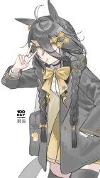 1girl absurdres ahoge alternate_costume animal_ears bag black_choker black_coat black_hair black_thighhighs bow braid candy choker city_(nnnnnnn_100) coat commentary_request food food_in_mouth hair_between_eyes hair_bow highres horse_ears horse_girl horse_tail lollipop lollipop_in_mouth long_bangs long_hair long_hair_between_eyes long_sleeves looking_at_viewer manhattan_cafe_(umamusume) multicolored_hair shirt shoulder_bag simple_background skirt solo tail thigh-highs twin_braids umamusume v very_long_hair white_background white_hair white_shirt yellow_bow yellow_eyes yellow_skirt 