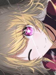  1girl blonde_hair choker closed_mouth commentary_request dark_background glowing glowing_eye highres hoshino_ruby long_hair looking_at_viewer one_eye_closed oshi_no_ko pink_eyes portrait rayamamami red_choker sideways smile solo star-shaped_pupils star_(symbol) symbol-shaped_pupils 