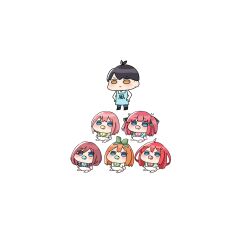  1boy 5girls aged_down akino_ell apron baby black_hair black_ribbon blue_apron blue_eyes blush brown_eyes brown_hair chibi commentary_request go-toubun_no_hanayome green_ribbon grey_pants hair_ornament hair_over_one_eye hair_ribbon hands_on_own_hips headphones headphones_around_neck multiple_girls nakano_ichika nakano_itsuki nakano_miku nakano_nino nakano_yotsuba orange_hair pacifier pants pink_hair purple_hair red_hair ribbon shirt simple_background standing star_(symbol) star_hair_ornament two_side_up uesugi_fuutarou white_background white_shirt 