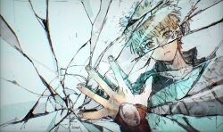  archer_(fate) black_jacket breaking broken broken_glass broken_mirror crack dark-skinned_male dark_skin different_reflection emiya_shirou fate/stay_night fate_(series) glass glass_shards hand_on_mirror highres jacket long_sleeves looking_at_mirror mirror non-web_source open_clothes open_jacket orange_hair reflection reflection_focus shards shirt sksk_sn09 white_jacket white_shirt 