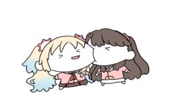  >_< 2girls :d biting biting_cheek blonde_hair brown_dress brown_hair chibi chibi_only commentary_request dress fang flower fujishima_megumi gradient_hair hair_flower hair_ornament hasu_no_sora_school_uniform highres long_hair long_sleeves love_live! love_live!_hasu_no_sora_jogakuin_school_idol_club love_live!_hasu_no_sora_jogakuin_school_idol_club_bloom_garden_party mira-cra_park! multicolored_hair multiple_girls neckerchief osawa_rurino parted_bangs pink_flower pleated_dress red_neckerchief sailor_collar sailor_dress school_uniform skin_fang smile twintails two_side_up watage_modoki white_dress white_sailor_collar winter_uniform xd yuri 