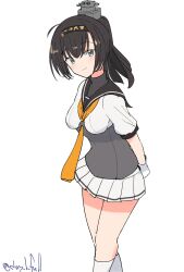  1girl akizuki_(kancolle) arms_behind_back black_eyes black_headband black_sailor_collar clothes_writing commentary_request corset feet_out_of_frame gloves grey_eyes headband headgear highres kantai_collection long_hair one-hour_drawing_challenge pleated_skirt robinson_(day_l_full) sailor_collar sailor_shirt shirt simple_background skirt socks solo white_background white_gloves white_shirt white_skirt white_socks 