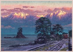  border clouds colorful_clouds fence guard_rail japan landscape mountain mountainous_horizon mugumo_24k no_humans ocean original outdoors pine_tree railroad_crossing railroad_tracks real_world_location revision rock scenery signature snow sunset toyama_prefecture traffic_light train tree water white_border winter 