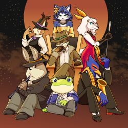  3girls 4boys :3 alternate_costume armchair beak bird_boy cat_girl chair clarinet commentary dog_girl dress english_commentary falco_lombardi fay_spaniel fluorart fox_boy fox_girl fox_mccloud fur_trim furry furry_female furry_male hat holding holding_instrument holding_saxophone instrument krystal miyu_lynx multiple_boys multiple_girls peppy_hare rabbit_boy saxophone sitting slippy_toad star_fox suit sunglasses trilby whiskers 