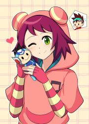  09rune 1boy 1girl ;) absurdres blush character_doll commentary_request doll fingerless_gloves flying_sweatdrops geo_stelar_(mega_man) gloves green_eyes heart highres holding holding_doll hood hood_up hoodie looking_at_viewer mega_man_(series) mega_man_star_force_(series) one_eye_closed pink_gloves pink_hoodie red_hair short_hair simple_background smile solo_focus sonia_strumm_(mega_man) star_force_mega_man 