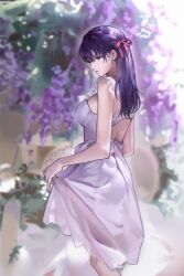  1girl absurdres blurry breasts clothing_cutout commentary_request depth_of_field dress fate/stay_night fate_(series) feet_out_of_frame flower hair_ribbon highres holding_own_skirt korean_commentary large_breasts long_hair matou_sakura pink_ribbon profile purple_hair ribbon solo tree unkka violet_eyes white_dress 