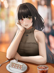 1girl absurdres bare_shoulders black_hair blurry blurry_background blush brown_sweater_vest cake clothed_cleavage commentary cozie178 cup english_commentary food fork girls'_frontline_2:_exilium girls_frontline hand_on_own_cheek hand_on_own_face heterochromia highres long_hair looking_at_viewer multicolored_hair off-shoulder_sweater off_shoulder open_mouth plate red_eyes ro635_(girls'_frontline) robella_(girls'_frontline_2) smile solo strapless streaked_hair sweater sweater_vest table teacup teeth upper_body upper_teeth_only white_streaks yellow_eyes