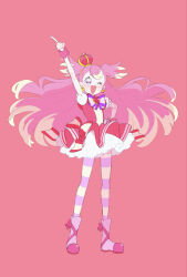  1girl 35kawaiiprpr arm_up boots bow bowtie brooch crown cure_wonderful dress full_body hand_on_own_hip heart heart_brooch highres index_finger_raised inukai_komugi jewelry long_hair magical_girl mini_crown multicolored_hair pantyhose petticoat pink_dress pink_hair pleated_dress pointing pointing_up precure puffy_short_sleeves puffy_sleeves red_background short_sleeves simple_background solo striped_clothes striped_pantyhose two-tone_hair two_side_up very_long_hair wonderful_precure! 