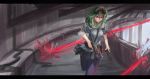 arceonn bare_shoulders dual_wielding goggles goggles_on_head green_hair gumi gun highres laser_beam leggings letterboxed pistol red_eyes running science_fiction short_hair skirt solo vocaloid weapon 